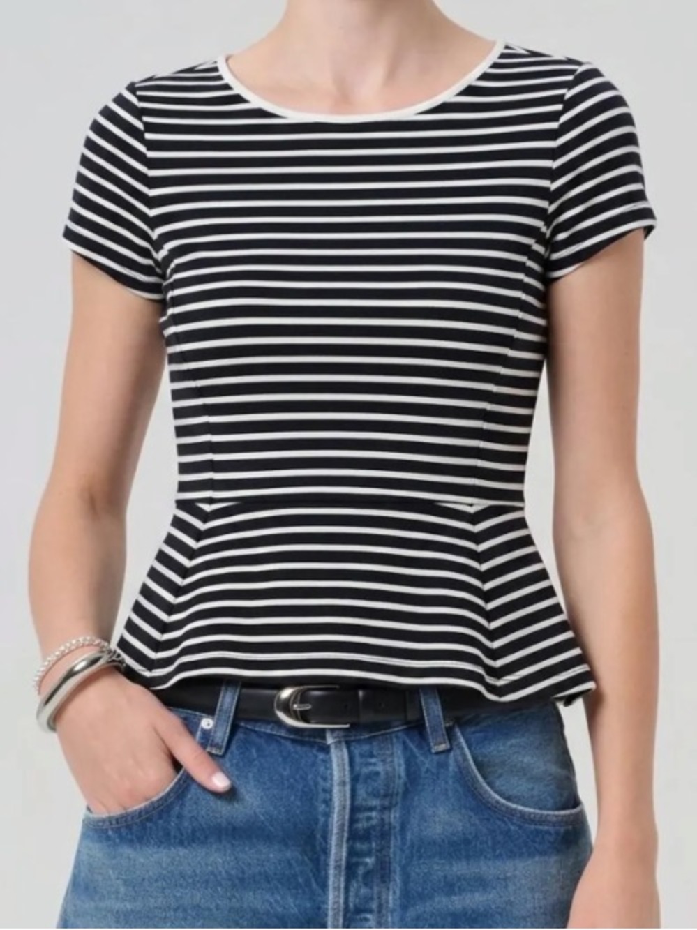Like New Navy Blue and White Theory Panna Bimini Striped Peplum Top, Size 2